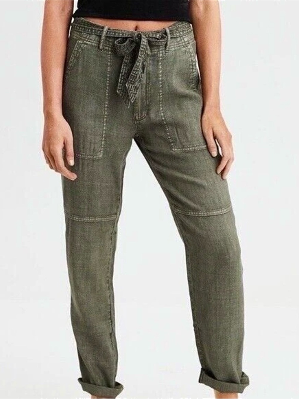NEW $49 Size 12 American Eagle Green Hi Rise Taper Waist Tie Linen Cargo Pants